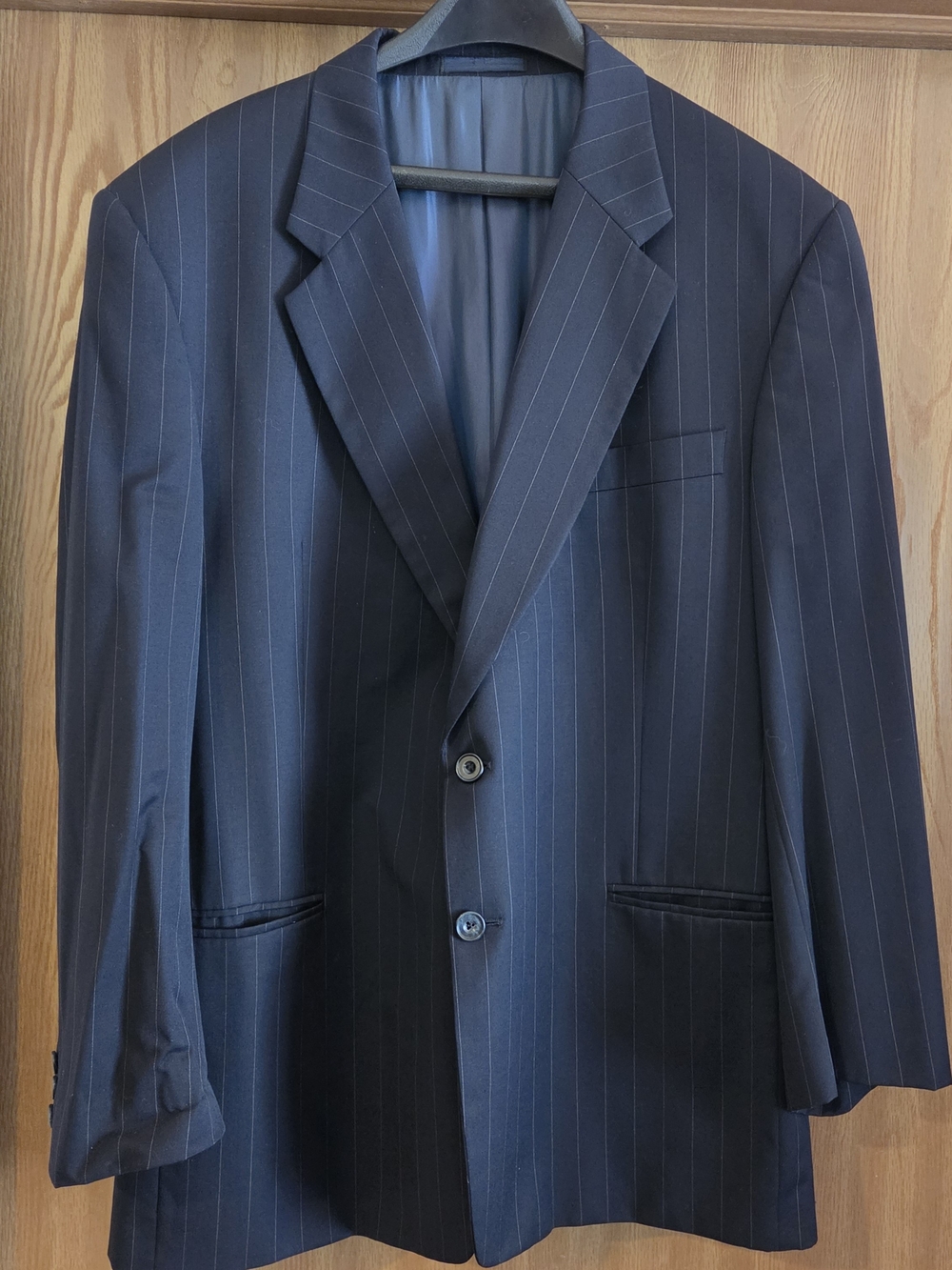 Vintage Le Baron 100% Wool Pinstripe Suit Blazer Jacket 44R Dark Navy Blue